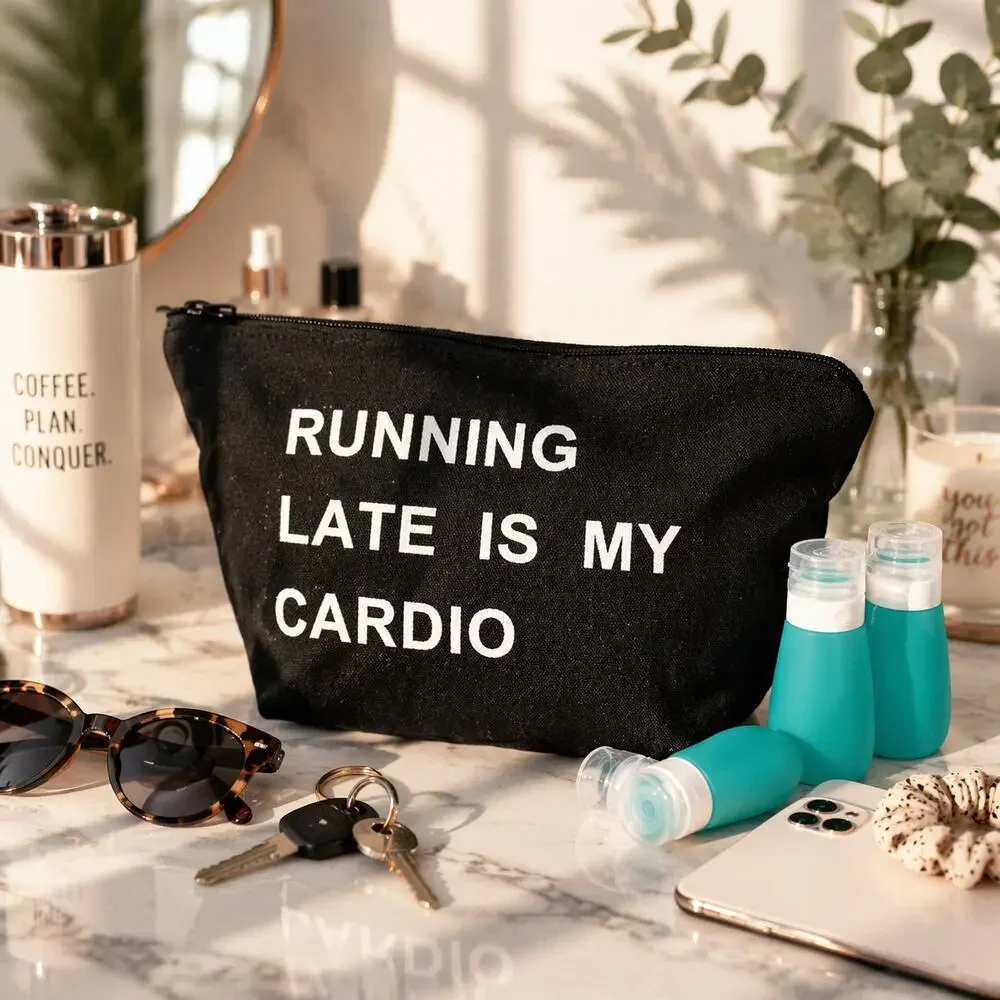 Running Late Is My Cardio Makeup Bag Travel Bottle Set New